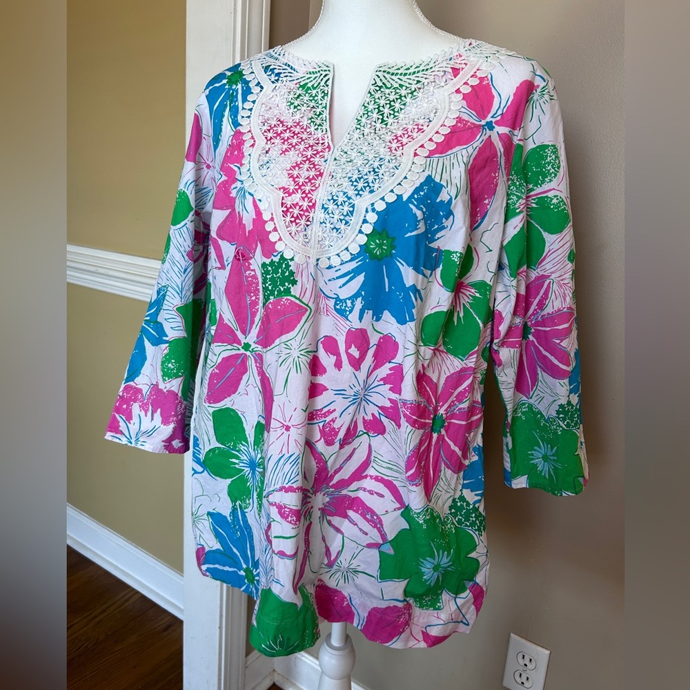 TALBOTS Cotton Tunic Pink Green Floral Preppy Lilly Flowers Long Sleeve Size XL